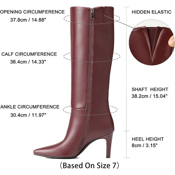 Women's Burgundy Leather Pointed Toe Stiletto Heel Side Zipper Knee High Boots - Picture 5 of 8